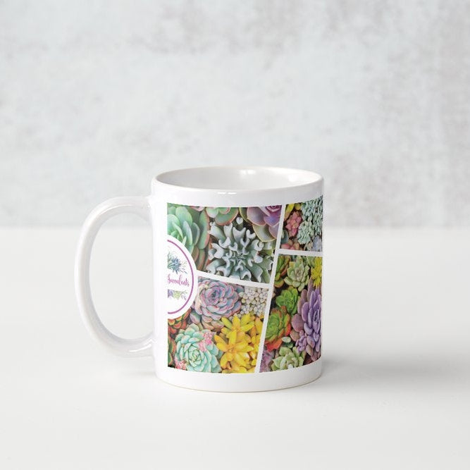 White ceramic coffee mug featuring a colourful succulent collage design and the Mudgee Succulents logo, displayed on a light background.