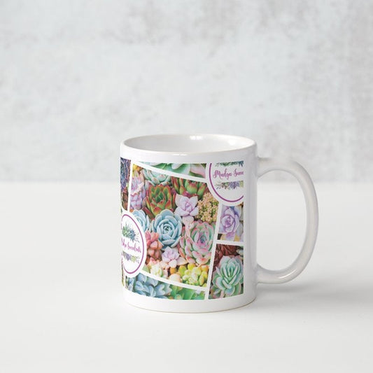 Mudgee Succulents ceramic mug featuring a pastel succulent collage wraparound design with the Mudgee Succulents logo, displayed on a light background.