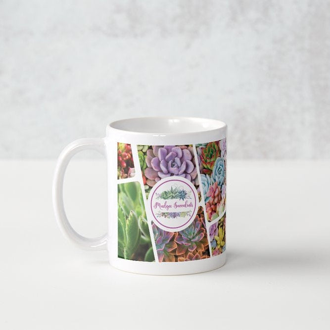 Mudgee Succulents ceramic mug with vibrant succulent collage and logo, photographed on a light background.