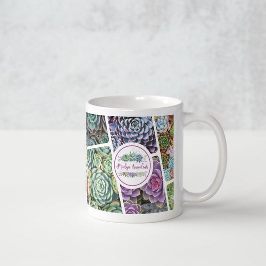 Mudgee Succulents ceramic mug featuring a colourful succulent collage and logo on a white background.